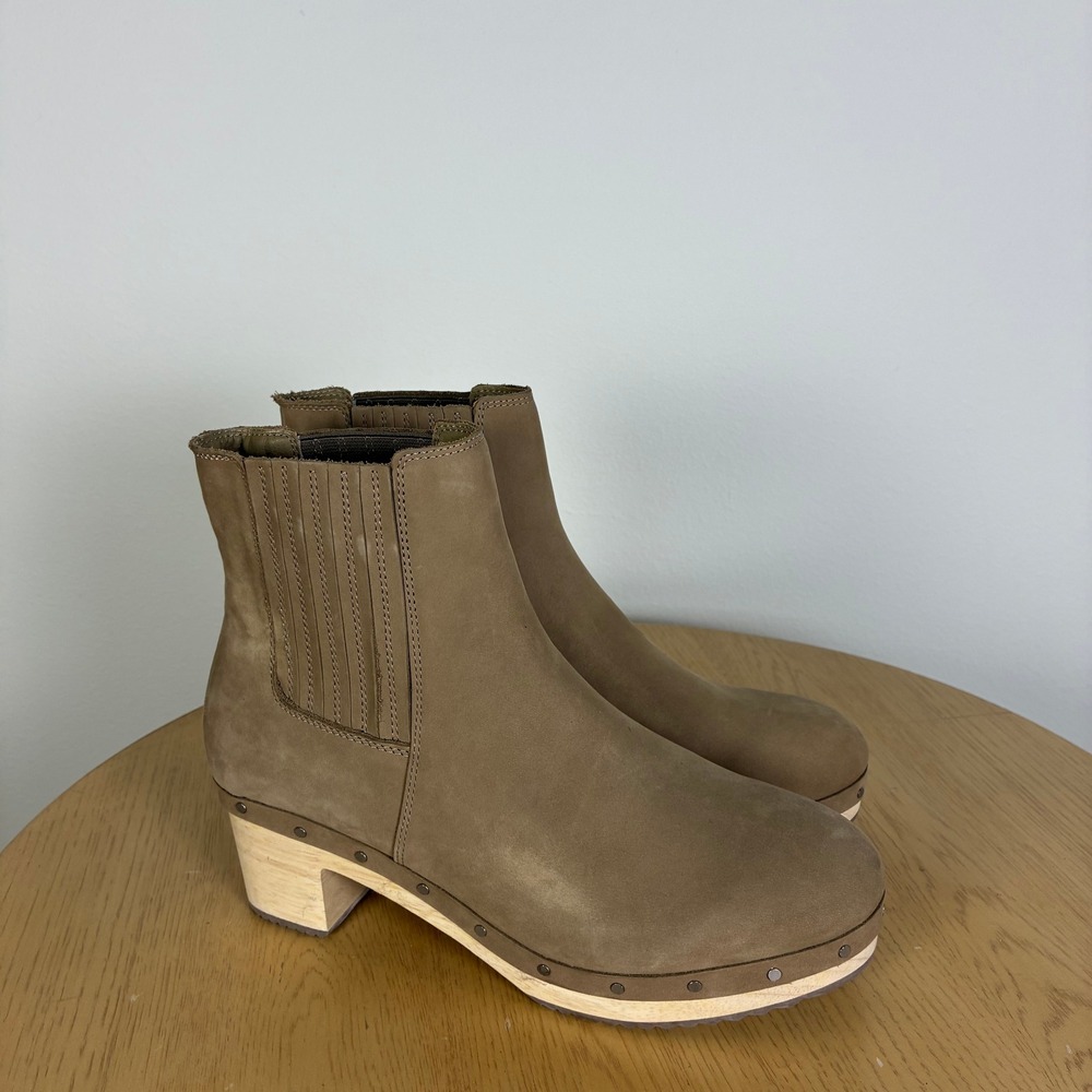Loft Leather Heeled Wooden Clog Ankle Boots Women's 10 Studded Chelsea Booties